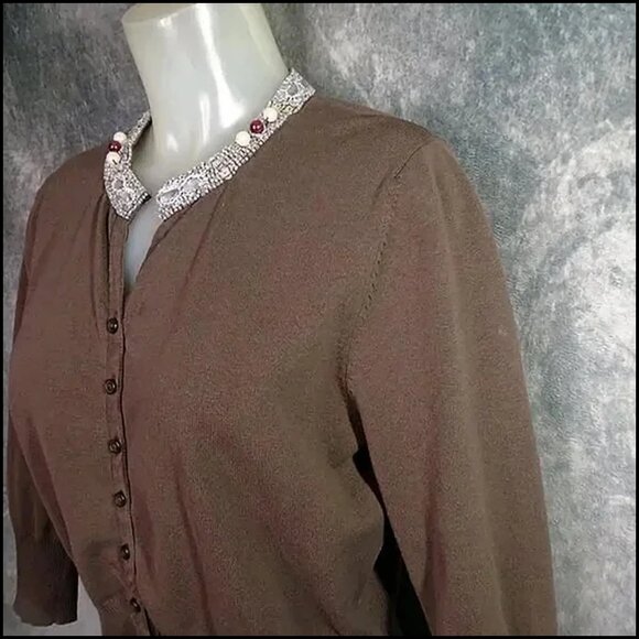 50s Style Beaded Cardigan with Jeweled Neck, VFG 90s Large Size Rockabilly - Picture 2 of 12